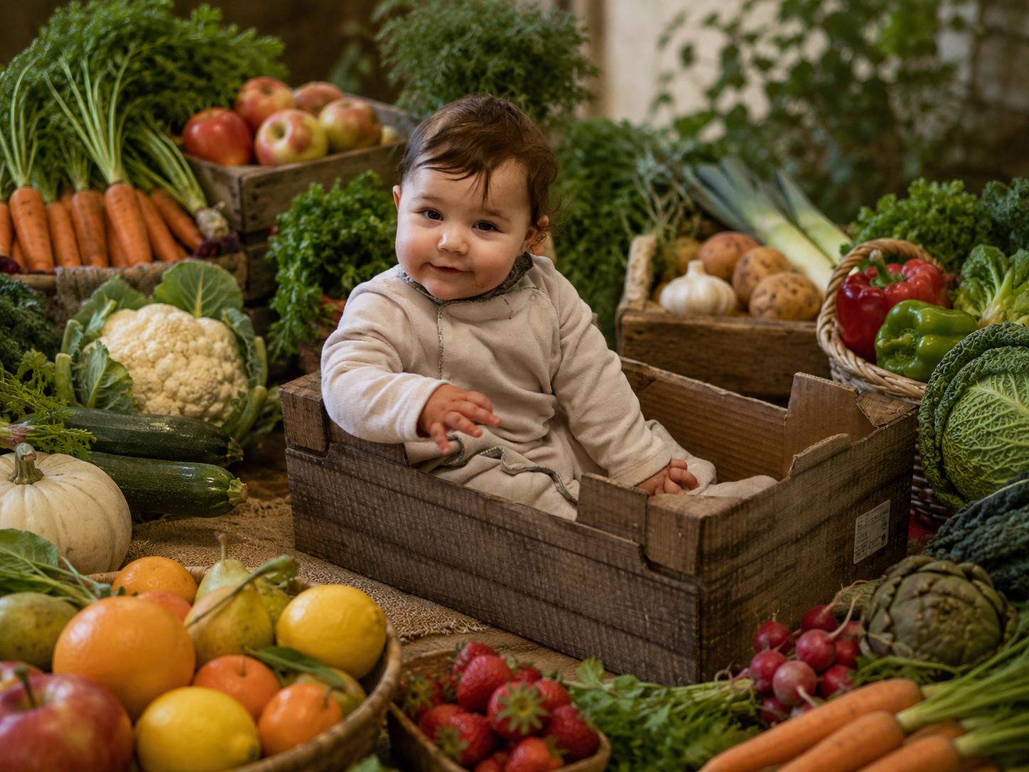 Bébé assis dans une caisse en bois entourée de fruits et légumes